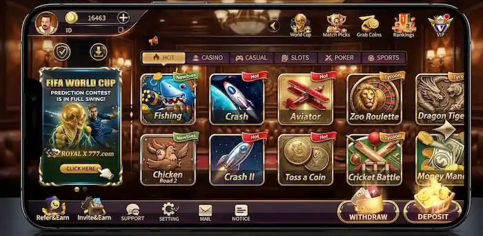 Royal X Casino app home screen showing available games